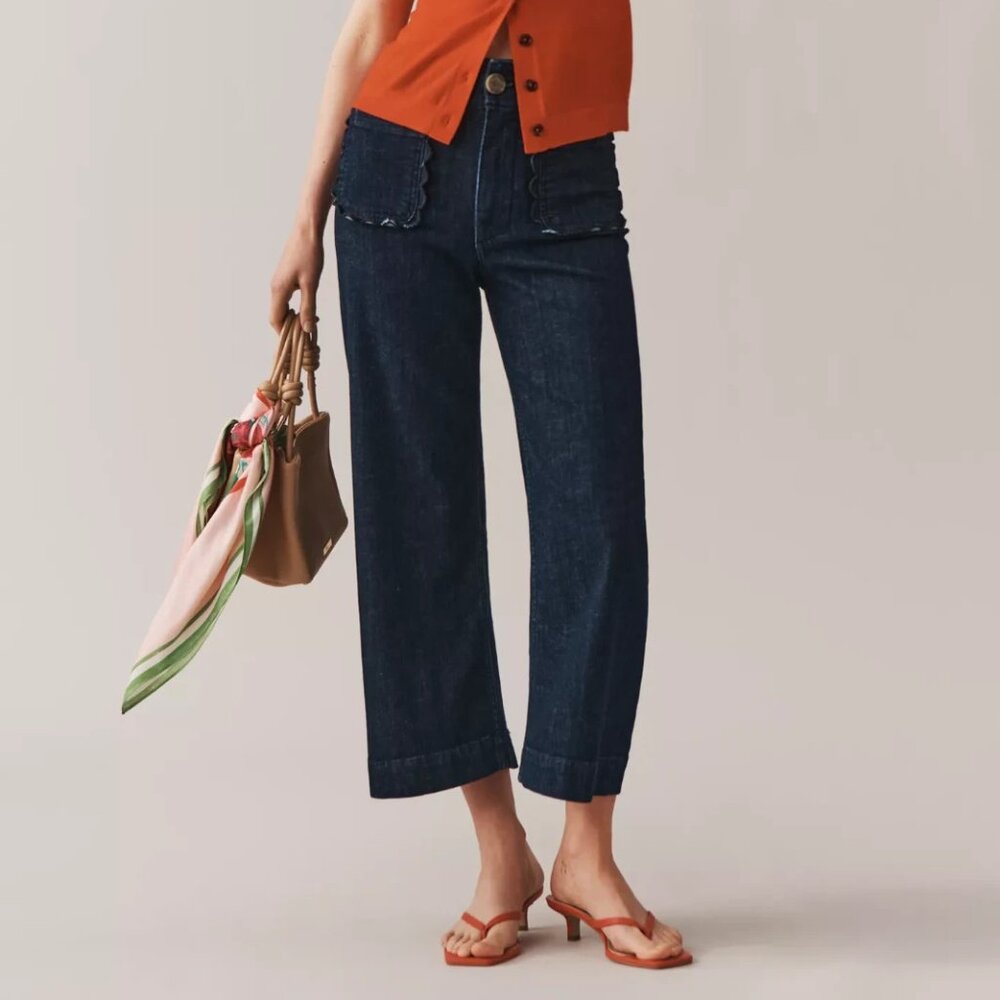 Anthropologie Maeve 24 The Colette Scallop-Pocket Crop Wide-Leg Jeans Dark New - Picture 2 of 7